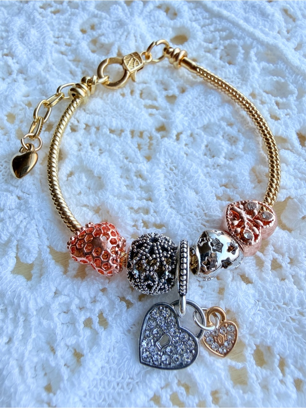 Gold-Tone Heart Charm Bracelet with Rose Gold & Silver Accents - Picture 3 of 4